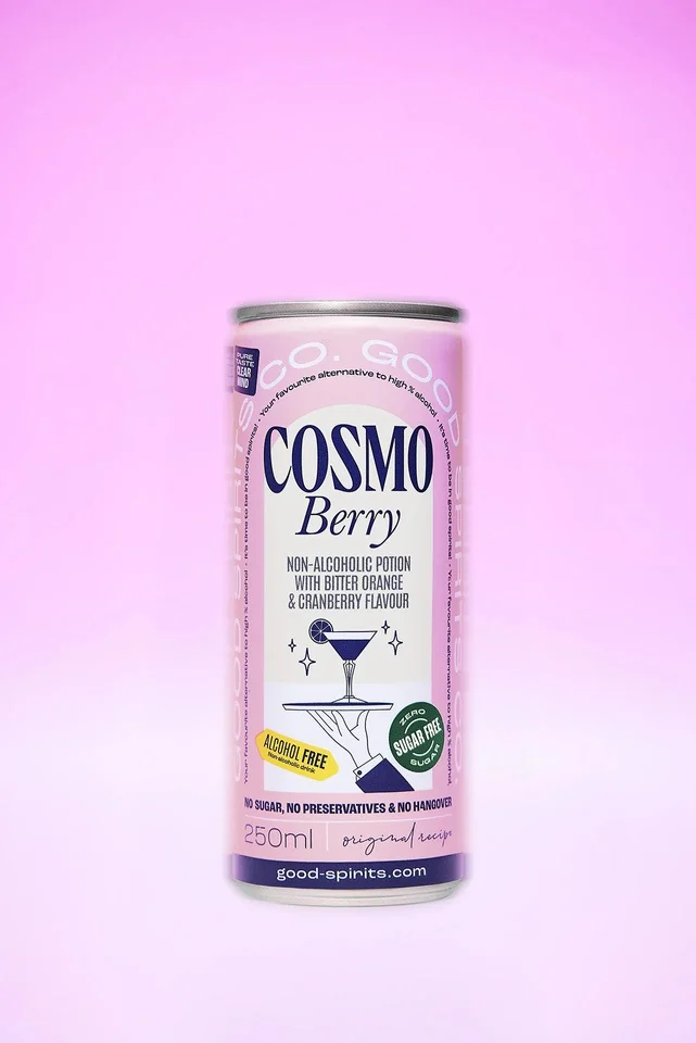 Cosmo Berry can on a pink gradient