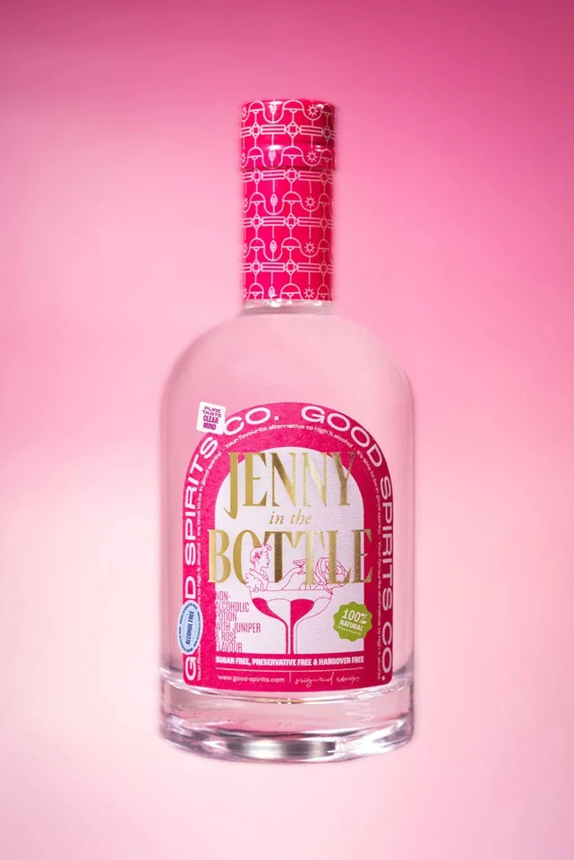 Jenny in the Bottle Rosé on a pink background
