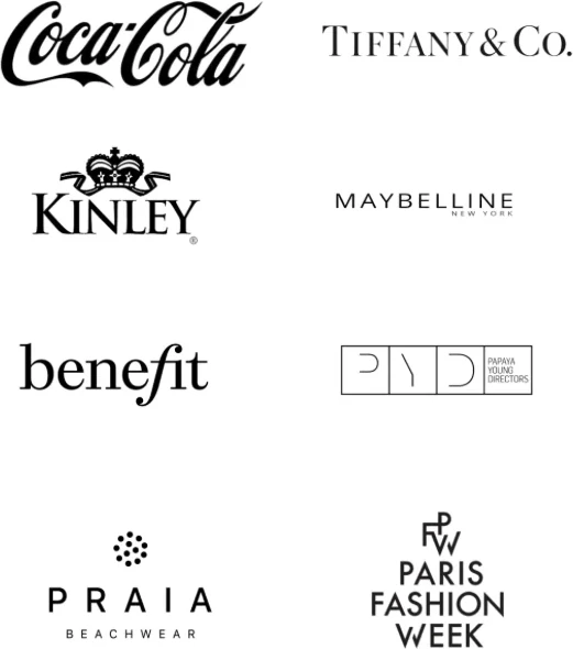 Partner brand logos: Coca-Cola, Tiffany & Co., Kinley, Maybelline, Benefit, Papaya Young Directors, PRAIA Beachwear, Paris Fashion Week