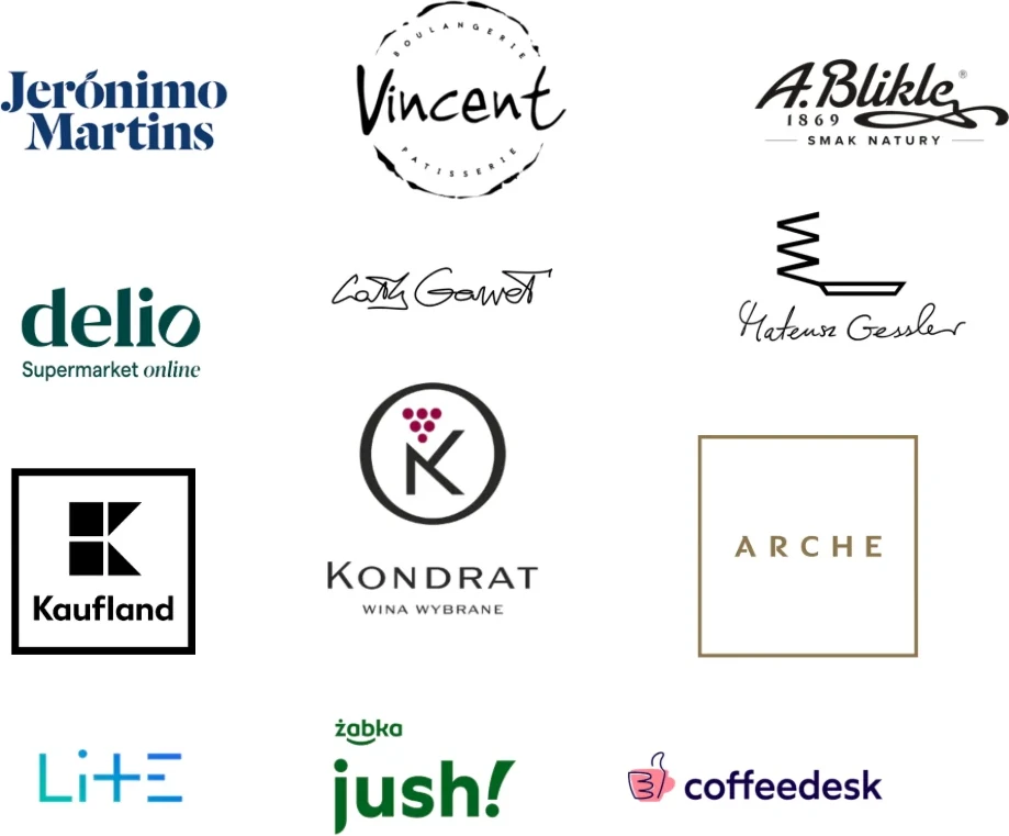 Partner brand logos: Jerónimo Martins, Vincent, A. Blikle, delio, Cathy Garnett, Mateusz Gessler, Kaufland, Kondrat, ARCHE, Li+E, Żabka Jush, Coffeedesk