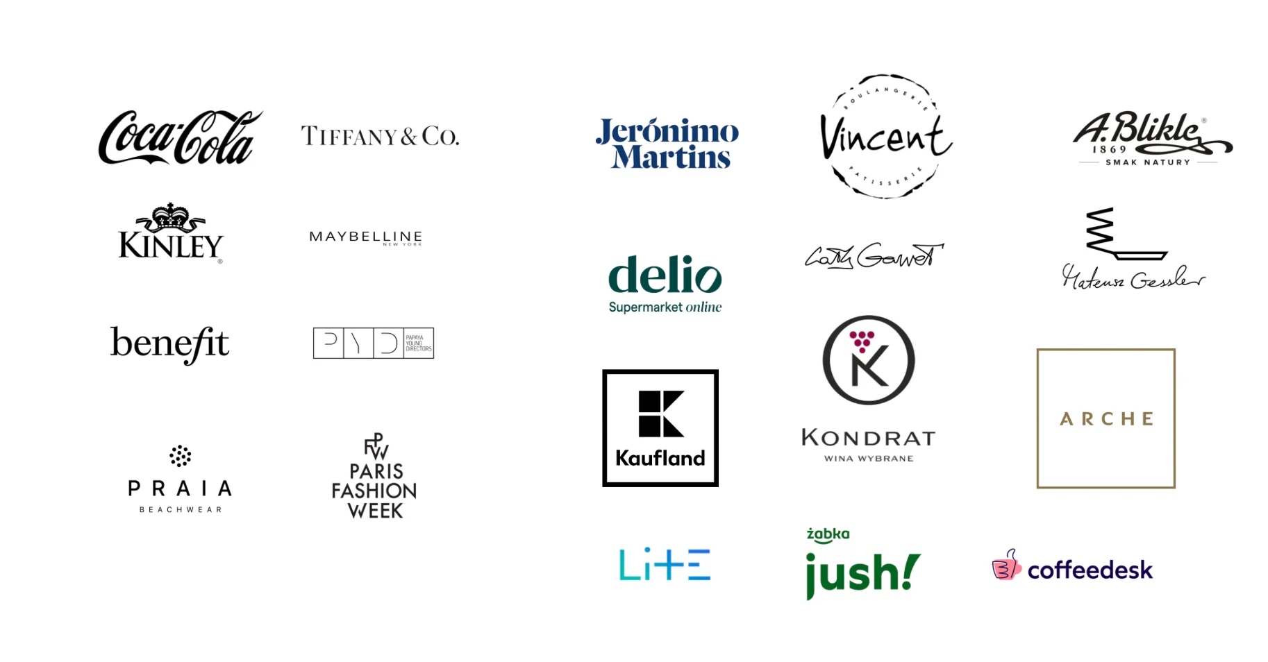 Partner brand logos including Coca-Cola, Tiffany & Co., Kaufland, Żabka Jush, Maybelline, Benefit, Paris Fashion Week and Jerónimo Martins